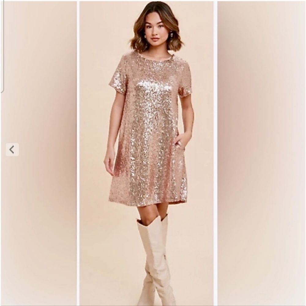In Loom Baltic Born Rose Gold Sequin Shift Mini Dress Size L New